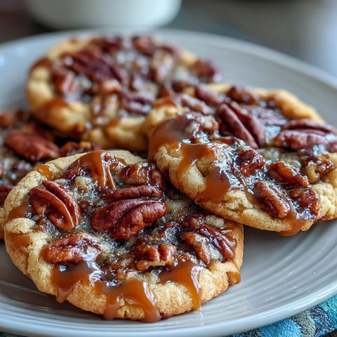 A batch of freshly baked Butter Pecan Cookies with caramel swirl, showcasing rich, buttery dough and crunchy pecan pieces.  