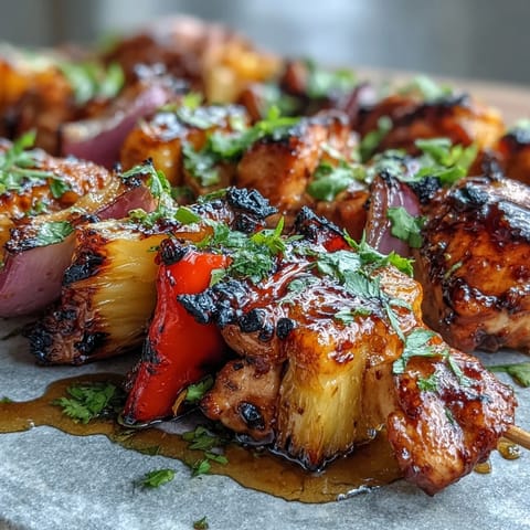 Grilled pineapple chicken skewers feature juicy marinated chicken and sweet pineapple chunks on skewers, perfect for summer barbecues.  