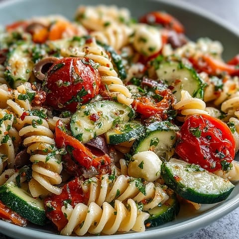Vibrant summer pasta salad with cherry tomatoes, cucumbers, and Italian dressing, served in a large bowl with fresh parsley garnish.