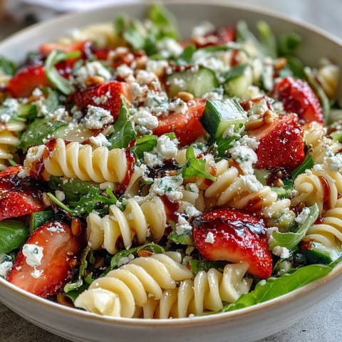 Vibrant spring pasta salad with strawberries, feta, and arugula, perfect for light lunches or garden parties.