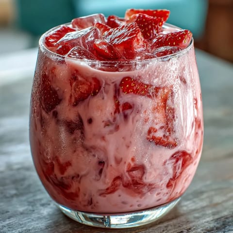 Refreshing Pink Starburst Refresher with bright berry and citrus flavors, served over ice with fresh strawberry slices.