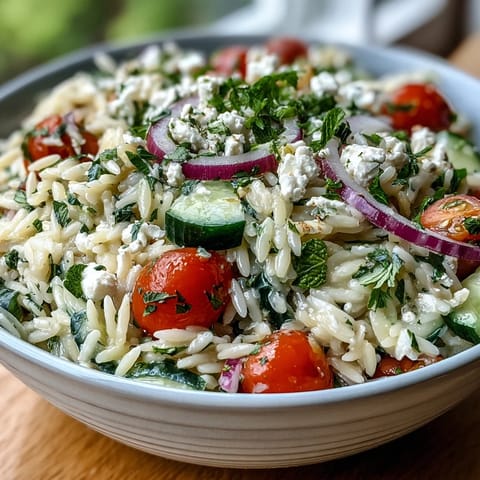 Fresh orzo salad with cucumber, feta, and zesty lemon dressing, perfect for a light Mediterranean lunch.  