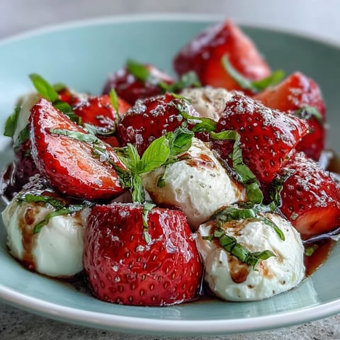 Fresh Strawberry Caprese Salad, bursting with sweet berries, creamy mozzarella, and basil.