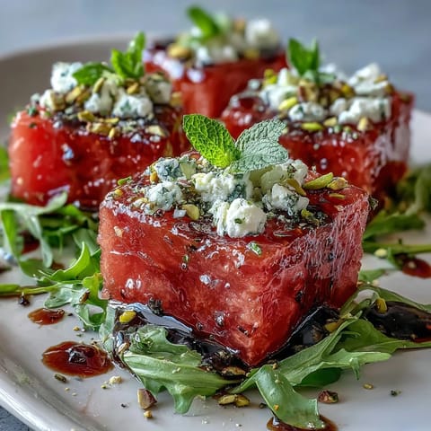 Juicy watermelon feta arugula salad beautifully garnished and ready to serve.