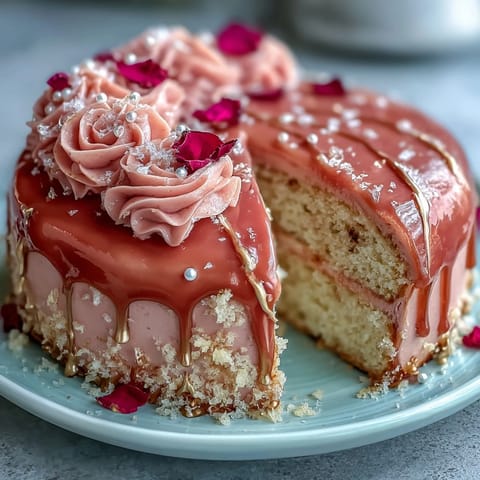 Elegant pink Bridal Shower Rosé Velvet Cake swirls with delicate gold drip.