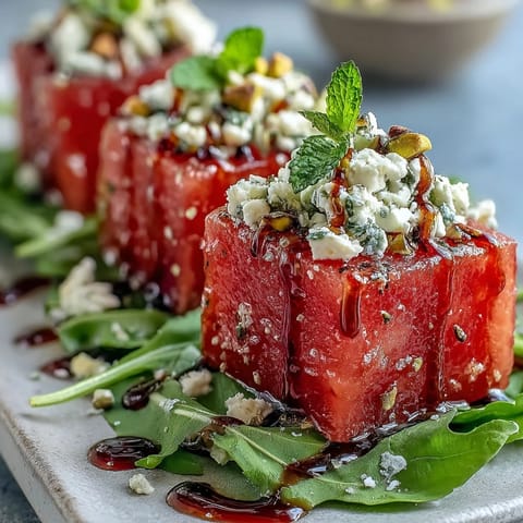 Vibrant Watermelon Feta Arugula Salad with balsamic reduction, perfect for summer picnics.