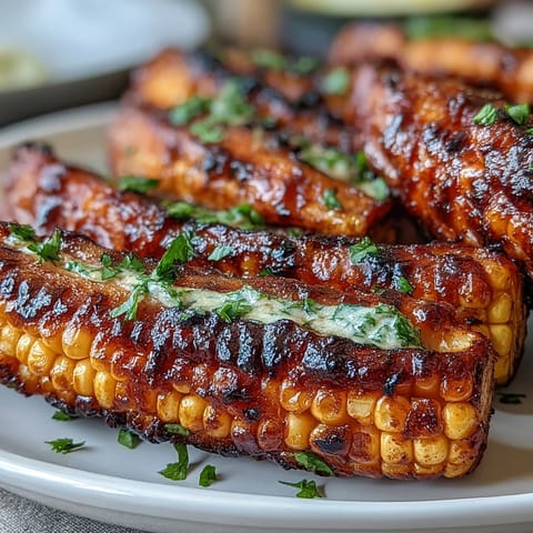 Grilled Corn Ribs glistening with zesty chili lime butter on a summer cookout platter.