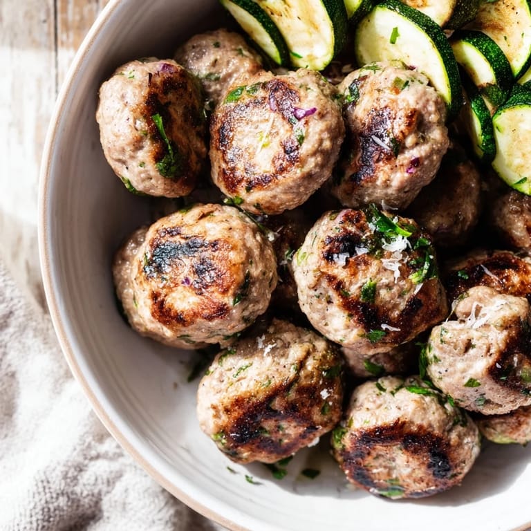 Healthy Easy Sheet Pan Turkey Meatballs with Zucchini, served alongside tender zucchini slices, making a complete meal.