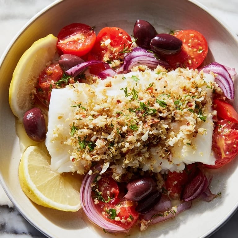A close-up view of a One-Tray Baked Cod dish, ready to serve with vibrant cherry tomatoes and fresh parsley.