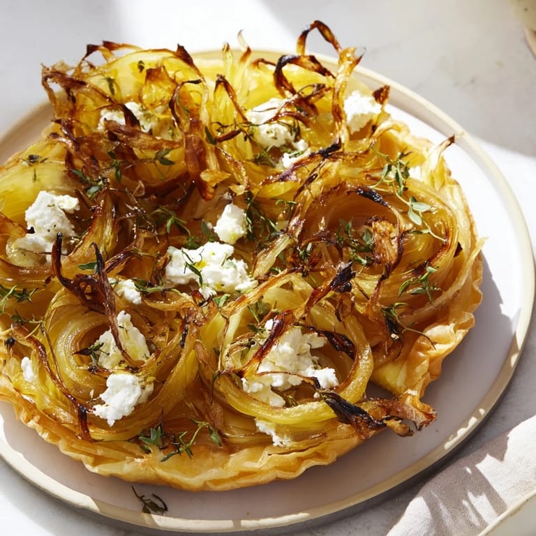A close-up view of the baked Decadent Caramelized Onion and Goat Cheese Tart with flaky crust.