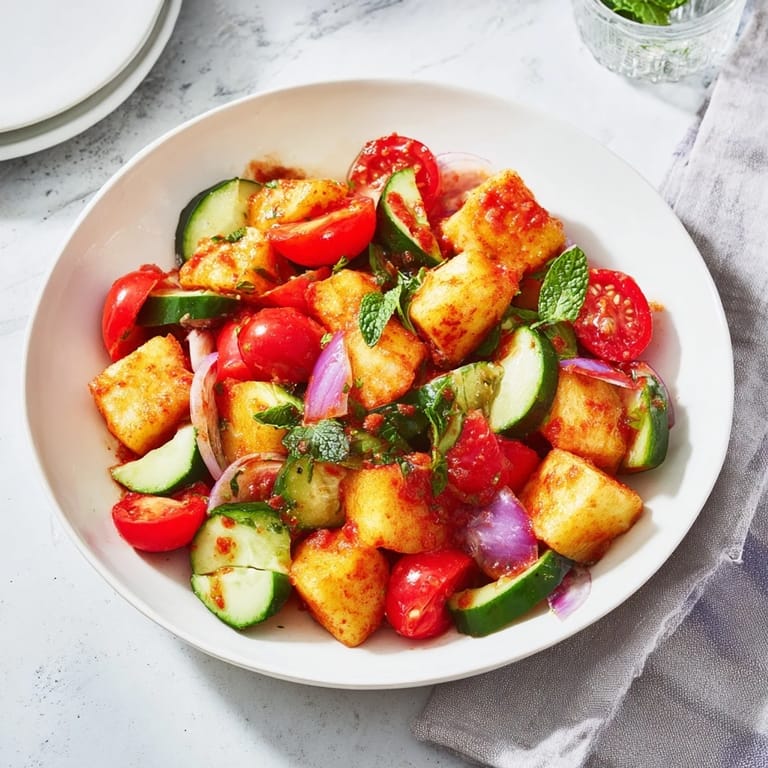 A close-up view of fresh cucumber and chickpea salad, colorful and full of flavor.
