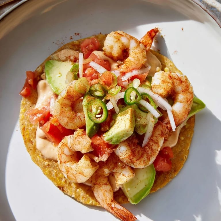 Enjoy a visual of colorful Quick Shrimp and Avocado Tostadas; a quick, fresh, and delicious Mexican meal.