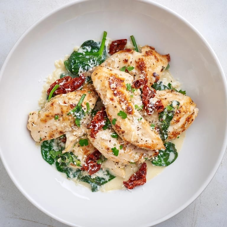 A beautiful, close-up shot of Creamy Tuscan Chicken, garnished with fresh parsley and Parmesan cheese.