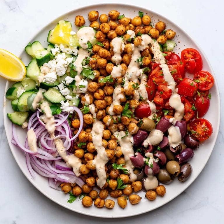 A colorful Mediterranean Chickpea Bowl: crispy chickpeas alongside juicy tomatoes and creamy tahini dressing.