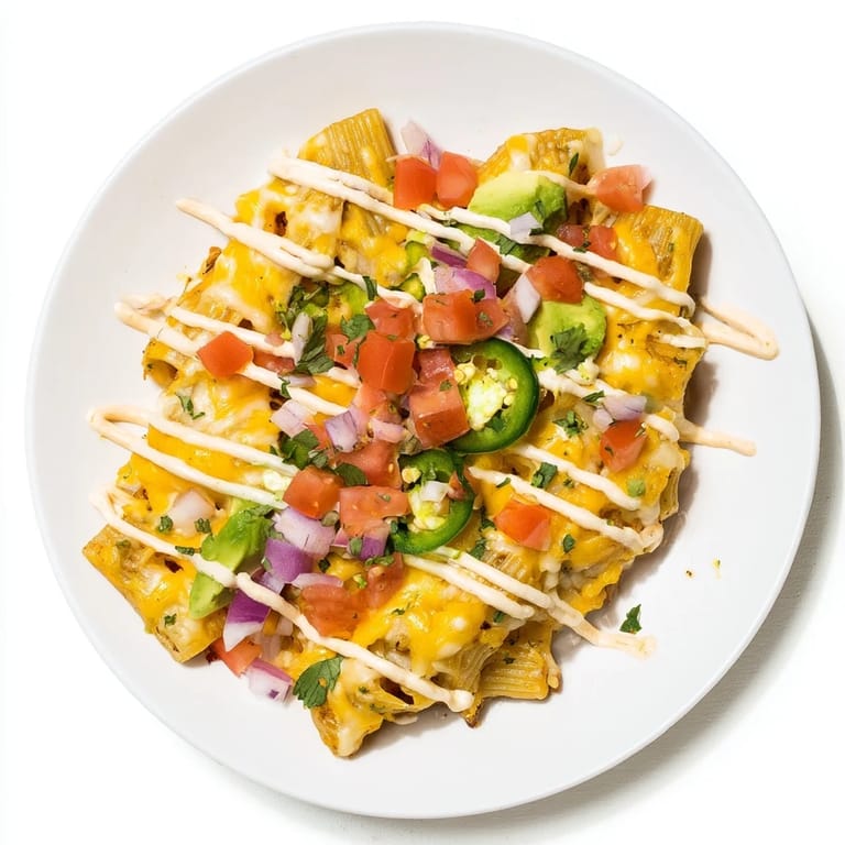 A close-up of delicious pasta chip nachos, a cheesy, colorful appetizer ready to enjoy.