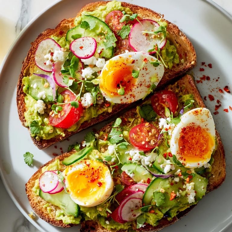 Close-up of vibrant Loaded Avocado Toast, with a perfectly cooked egg and fresh ingredients.