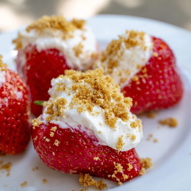 Bright red Cheesecake Stuffed Strawberries, each holding a creamy cheesecake filling, offer a refreshing dessert.