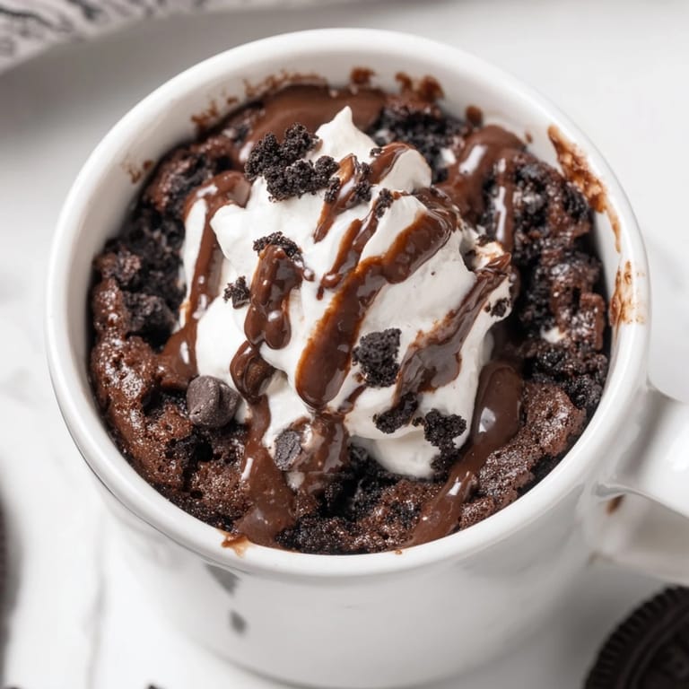 Fluffy and moist Oreo Mug Cake, topped with whipped cream, is a delightful single-serve chocolate treat.