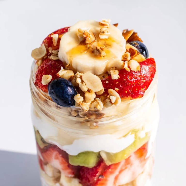 Cool, layered Yogurt Fruit Parfaits displaying colorful fruit and crunchy granola, ideal for quick mornings.