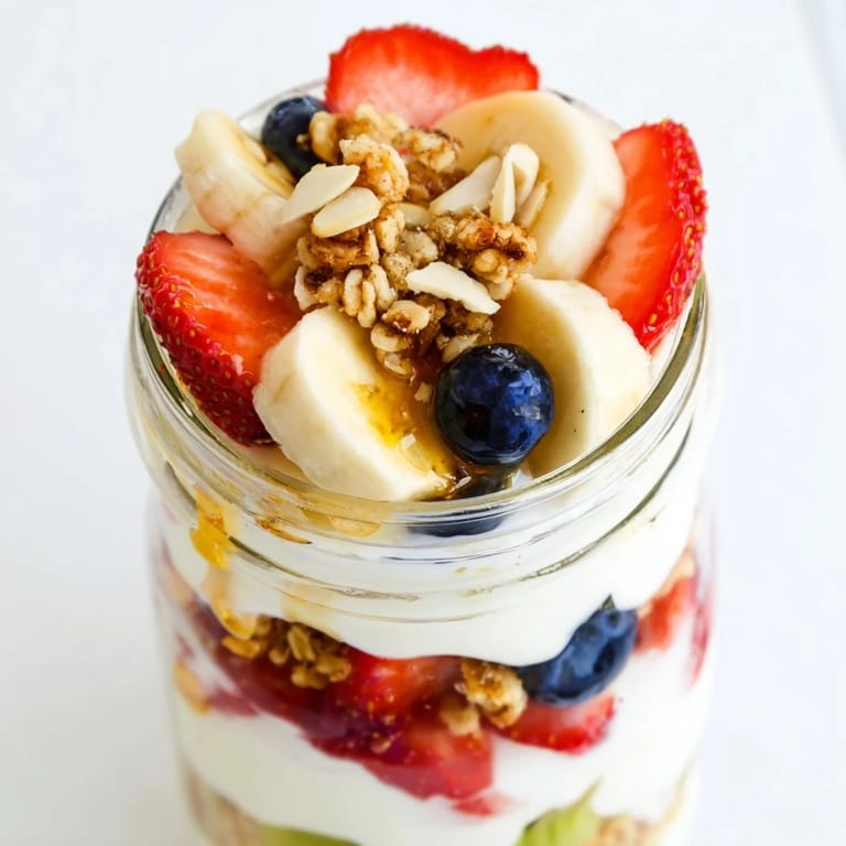A beautiful Layered Yogurt Fruit Parfait, showing layers of fresh fruit, creating a healthy breakfast cup.