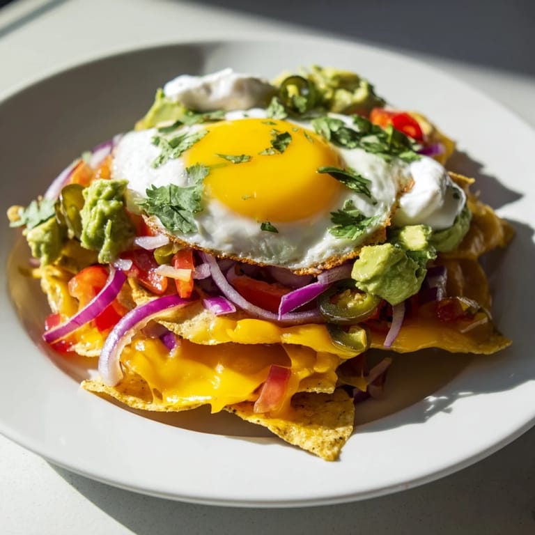 Imagine crispy chips piled high with savory fillings, crowned with sunny-side-up eggs, our Egg-Topped Breakfast Nachos!