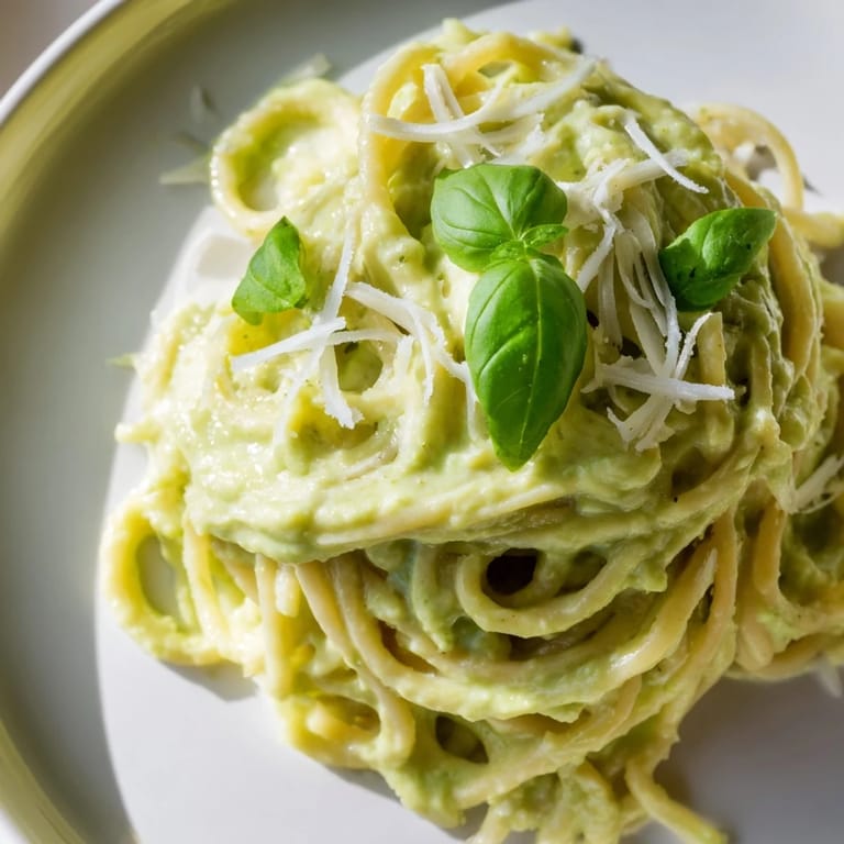 Enjoy a plate of luscious Creamy Avocado Pasta with a vibrant green avocado sauce and fresh herbs.