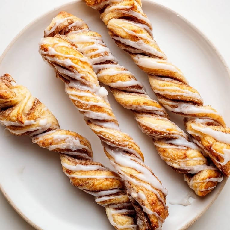 Homemade air-fryer cinnamon roll twists, drizzled with vanilla glaze, offer a delicious, easy, quick treat.