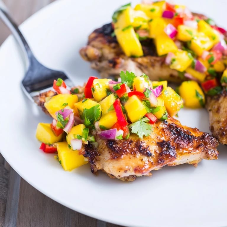 Freshly grilled Mango Salsa Chicken plated, showcasing vibrant mango and red pepper salsa topping.