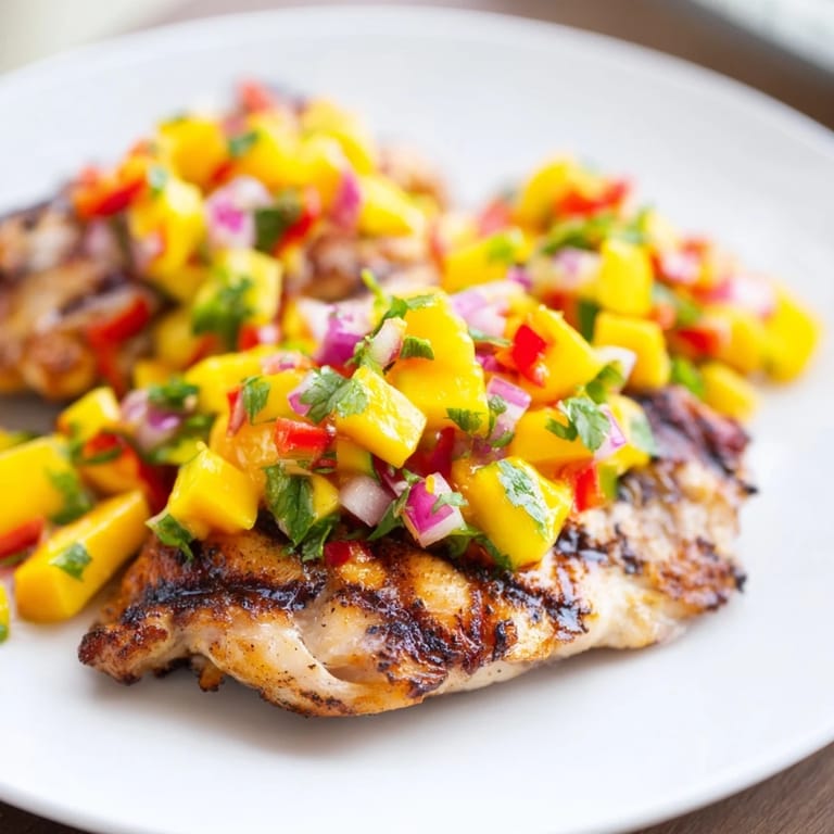 Close-up of juicy, tender Grilled Mango Salsa Chicken, ready to eat alongside a refreshing salad.