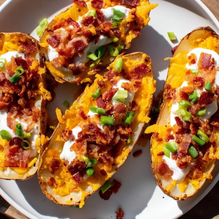 Perfect party appetizer: Warm, cheesy Loaded Baked Potato Skins topped with a cool dollop of sour cream.