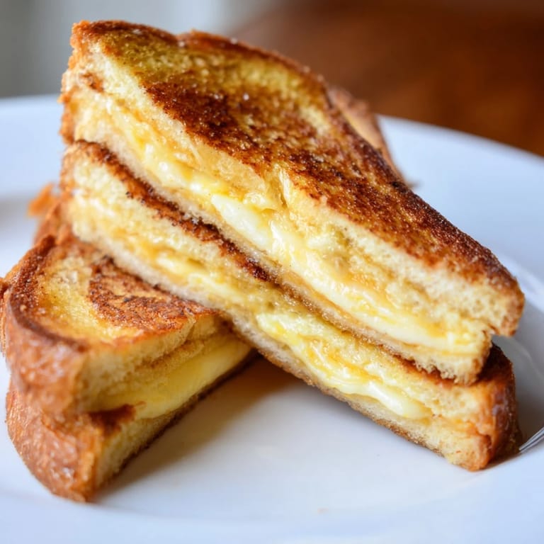 Melted Gruyère flows from inside a sizzling Custard French Toast Grilled Cheese sandwich, a delicious brunch option.