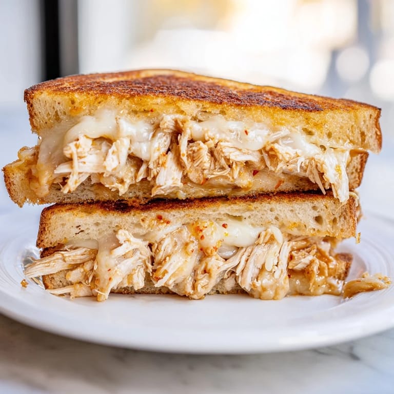 Crispy sourdough grilled with Chili Crisp Honey Chicken Grilled Cheese, featuring visually appealing layers of cheese and chicken.