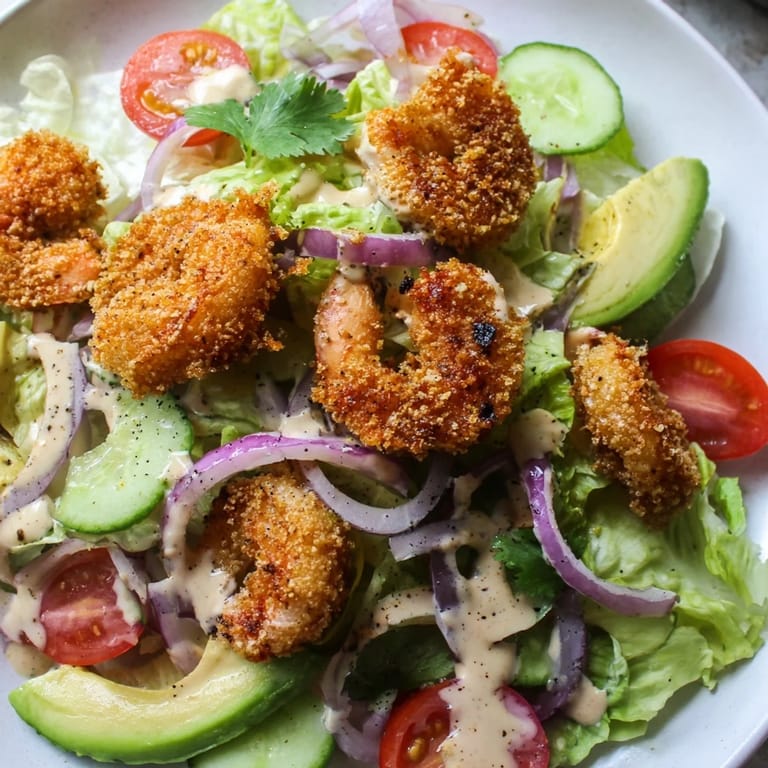 A visually appealing bowl of Spicy Crispy Shrimp Salad featuring crunchy shrimp, fresh greens, and a creamy dressing.