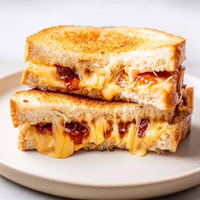 A close-up shot of a perfect Bacon Jam Grilled Cheese with crispy bread and gooey cheese.
