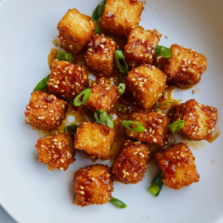 Crispy Honey Sriracha Tofu Nuggets, served hot, drizzled with a sweet and spicy glaze.