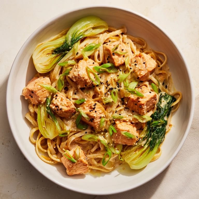 A close-up of flavorful miso butter salmon pasta; tender salmon melts in your mouth with each bite.