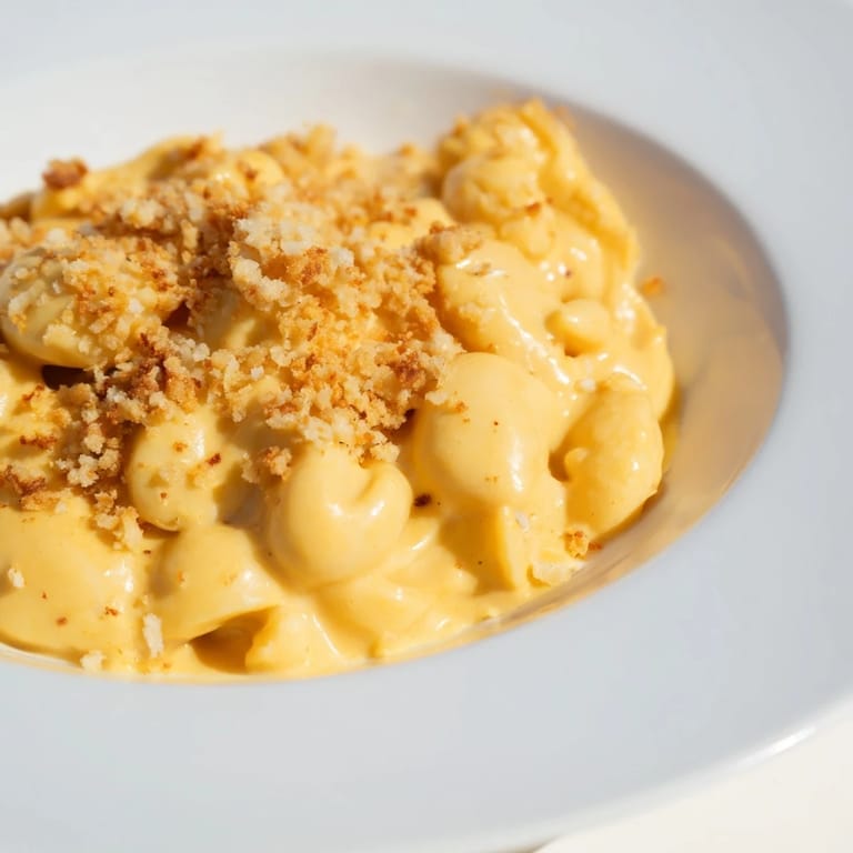 Delicious homemade pumpkin mac & cheese, pictured bubbling after baking with a crispy breadcrumb topping.