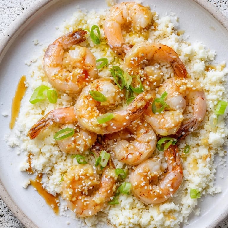 Freshly assembled ginger garlic shrimp bowls, showcasing tender shrimp over cauliflower rice with a light soy glaze.