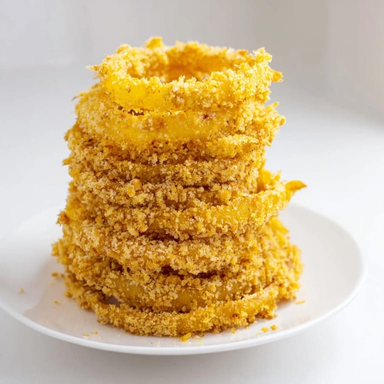 Savory Crispy Onion Ring Tower, stacked high, ready to be dipped and devoured with a spicy mayo.