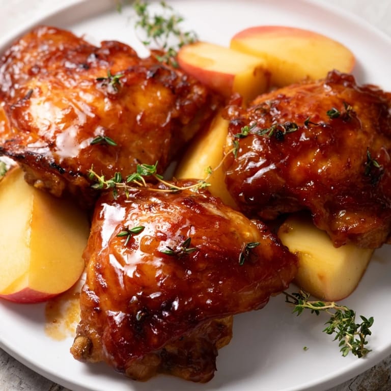 Oven-baked Sticky Maple Apple Chicken, showcasing perfectly browned chicken thighs and warm, sweet aroma.