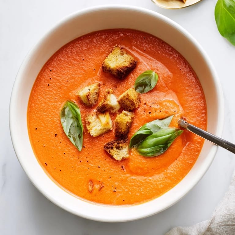 Close-up of rich, golden Creamy Roasted Garlic Tomato Soup with creamy swirls, ready to savor.