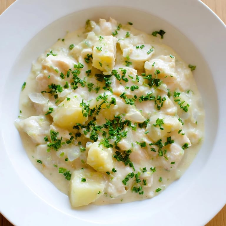 A close-up of a warm bowl of Icelandic fish stew, garnished with fresh herbs ready to enjoy.