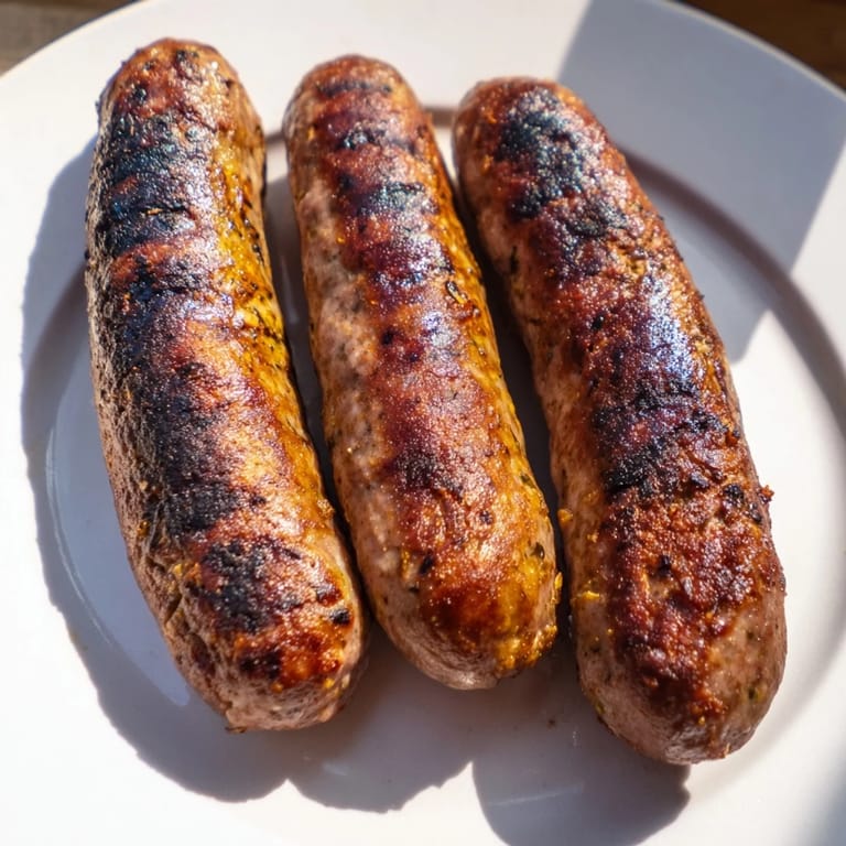 Close-up of freshly cooked Romanian mici on a grill, smelling of spice and savory meat.
