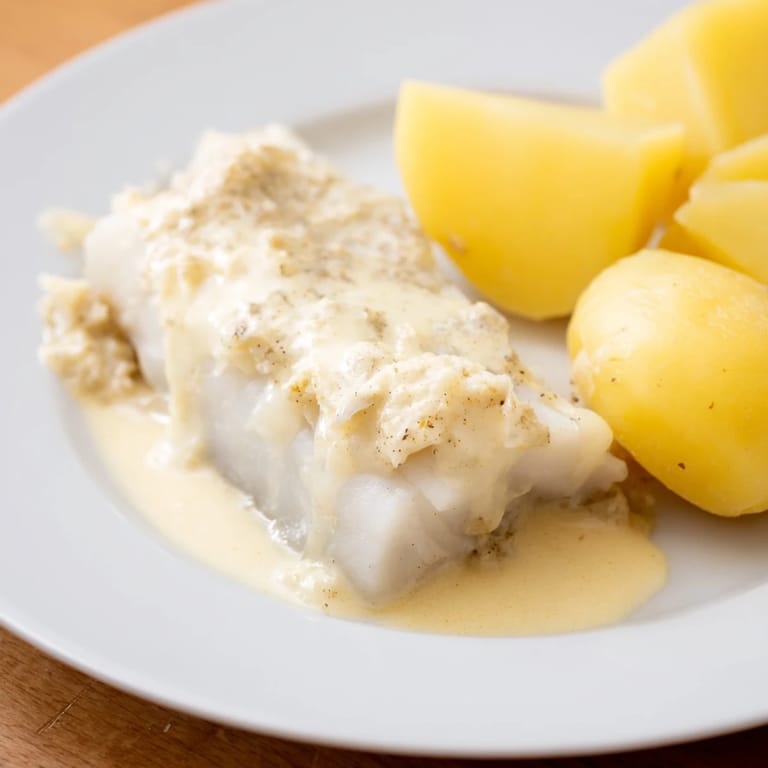 Close-up of baked Norwegian Lutefisk, revealing delicate white flakes, served with potatoes and mustard dressing.