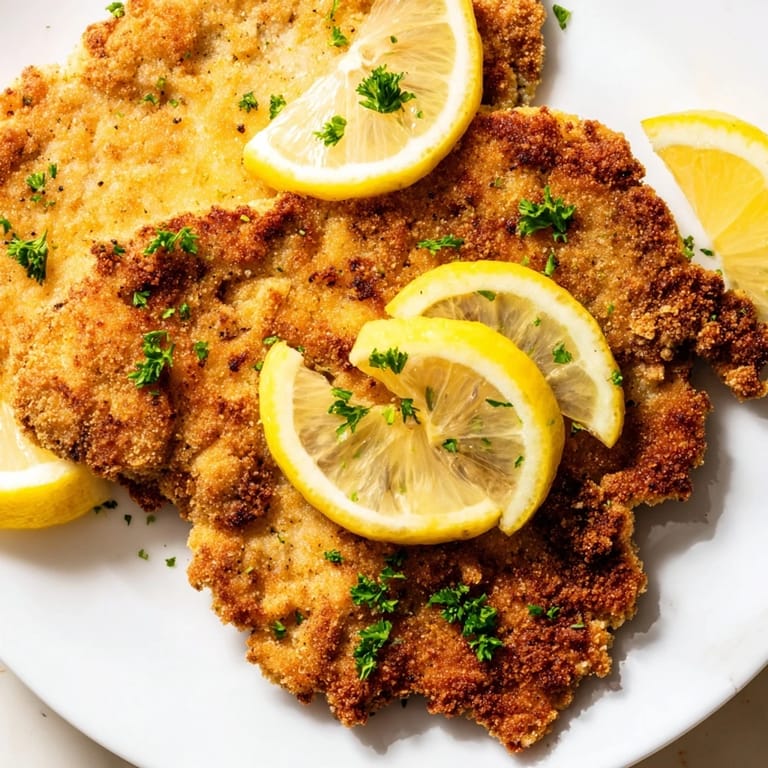 Imagine the savory aroma of a classic German schnitzel cutlet, served with parsley and a crisp exterior.