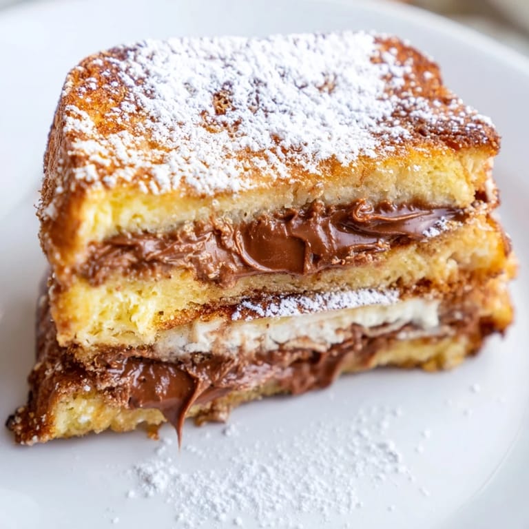 Decadent Nutella Brioche French Toast sandwiches ooze melted chocolate hazelnut spread on fluffy brioche.  