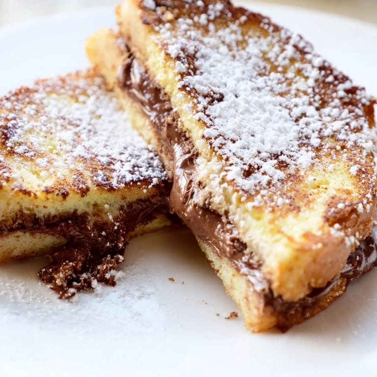Crispy-edged Nutella Brioche French Toast with a dusting of powdered sugar and fresh strawberries on the side.