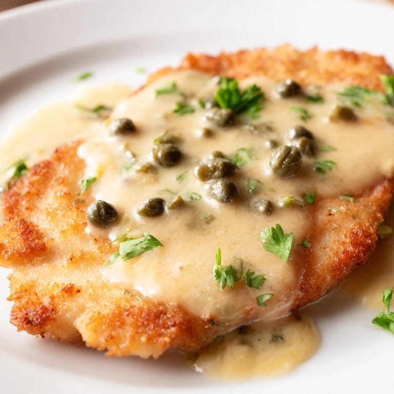 A close-up of Creamy Chicken Piccata with golden chicken and a luscious, buttery sauce, ready to serve.