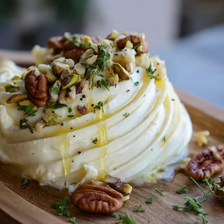 Close-up of Flavored Butter Board Charcuterie with swirls of softened butter, walnuts, sea salt flakes, and herbs on a rustic board.