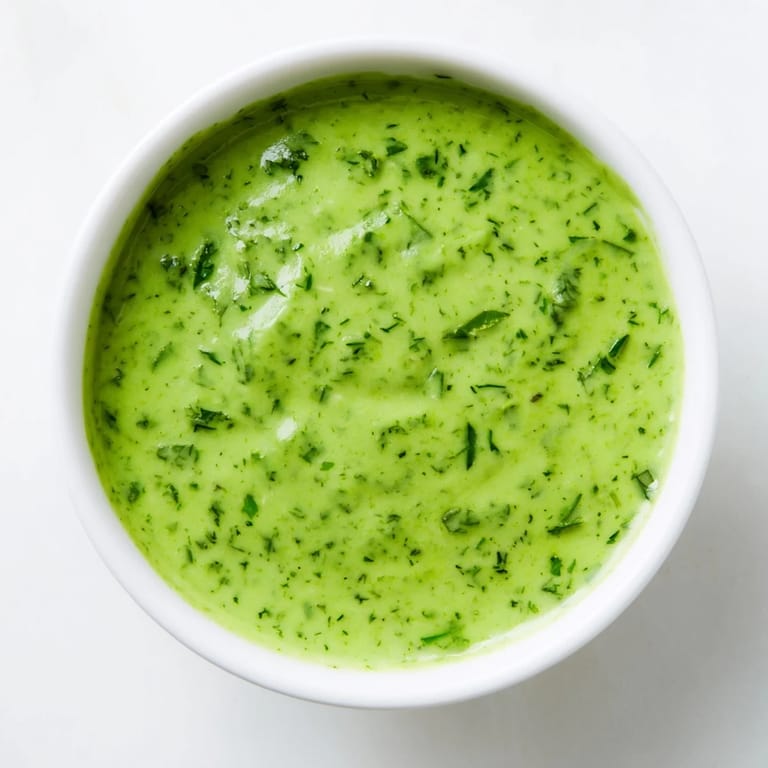 Bright green Green Goddess Dressing in a glass jar, garnished with chopped chives and parsley, sitting beside crisp lettuce leaves.